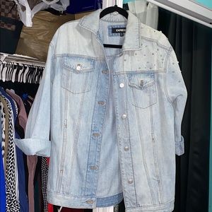 Distressed Denim Jacket with Pearls & Rhinestones